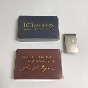 Louis Rukeyser’s Wall Street Club Playing Cards 2 NEW DECKS Money Clip Vintage